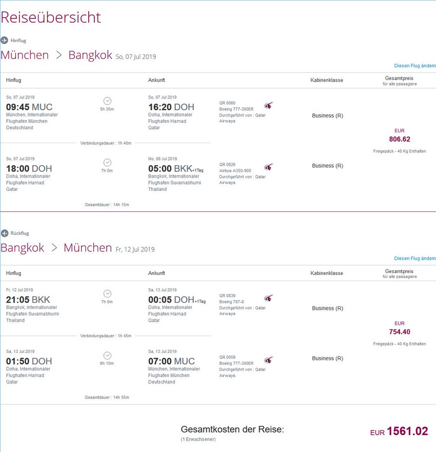 Preisbeispiel von München nach Bangkok in der Qatar Airways Business-Class