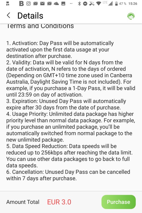 Glocal Me 3G Kaufabwicklung Data Pass Australia über App