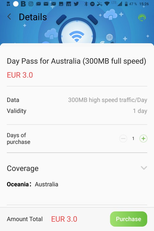 Glocal Me 3G Data Pass Australia über App