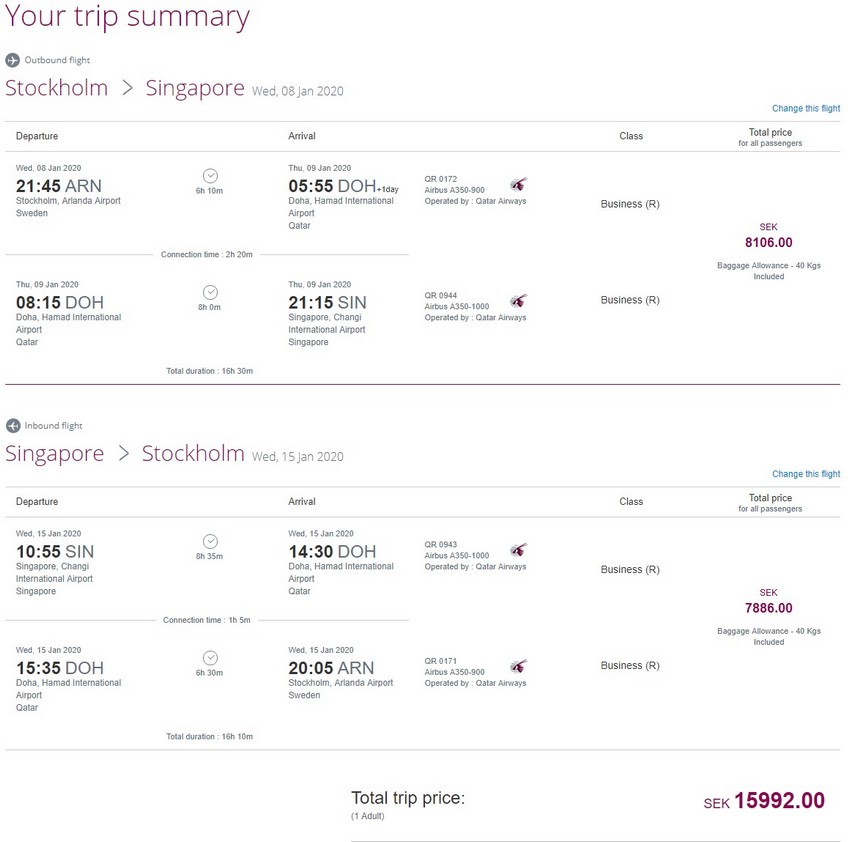 Preisbeispiel von Stockholm nach Singapore in der Qatar Airways Business-Class