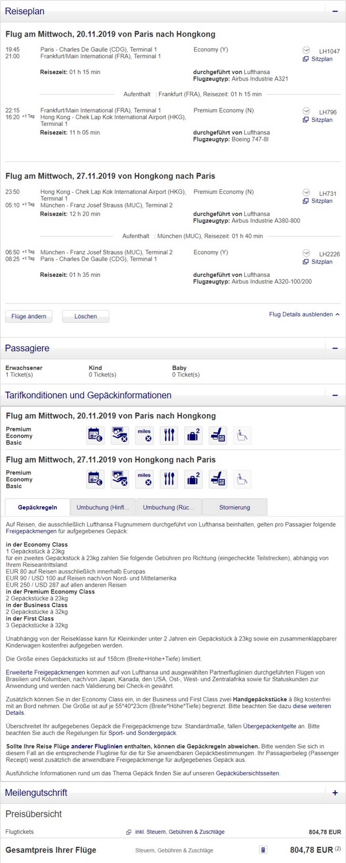Preisbeispiel von Paris nach Hong Kong in der Lufthansa Premium-Economy-Class