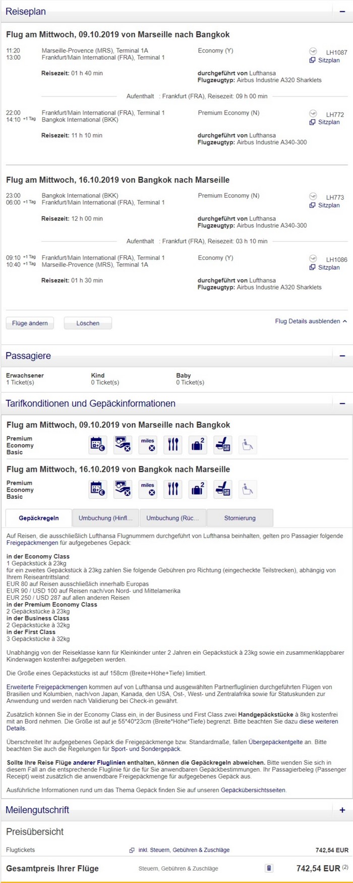 Preisbeispiel von Marseille nach Bangkok in der Lufthansa Premium-Economy-Class