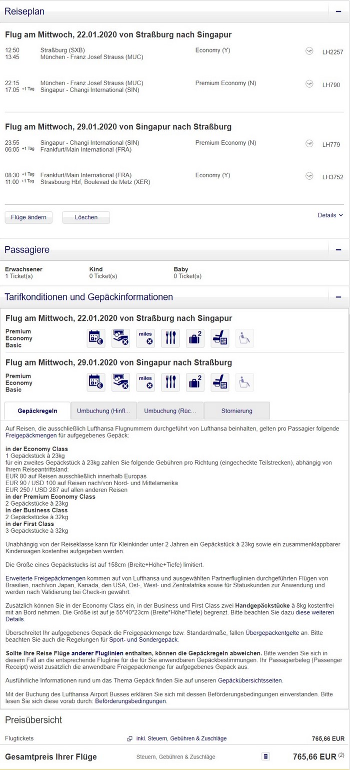 Preisbeispiel von Strasbourg nach Singapore in der Lufthansa Premium-Economy-Class