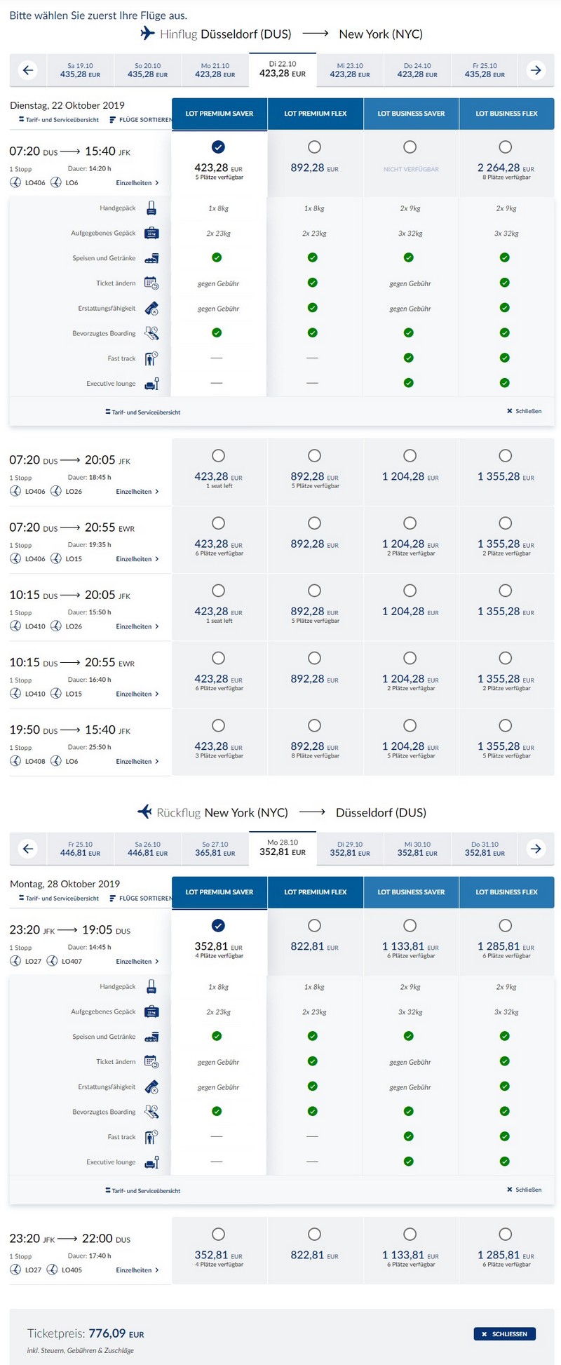 Preisbeispiel von Düsseldorf nach New York in der LOT Premium-Economy-Class