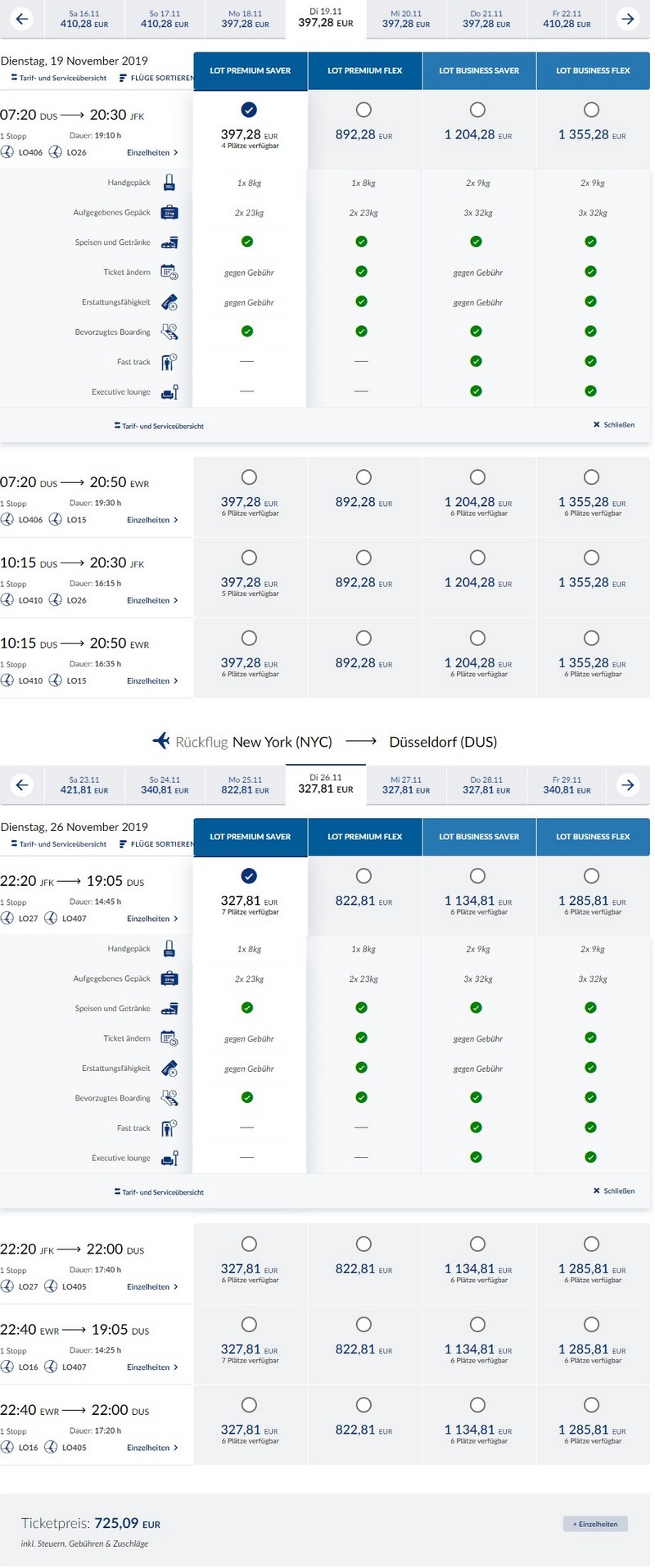 Preisbeispiel von Düsseldorf nach New York in der LOT Premium-Economy-Class