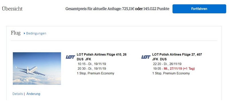 Preisbeispiel von Düsseldorf nach New York in der LOT Premium-Economy-Class bei American Express Travel