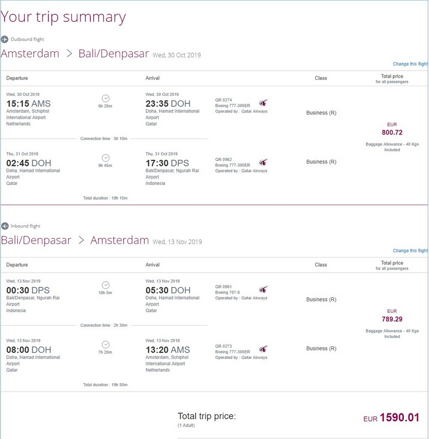 Preisbeispiel von Amsterdam nach Denpasar / Bali in der Qatar Airways Business-Class