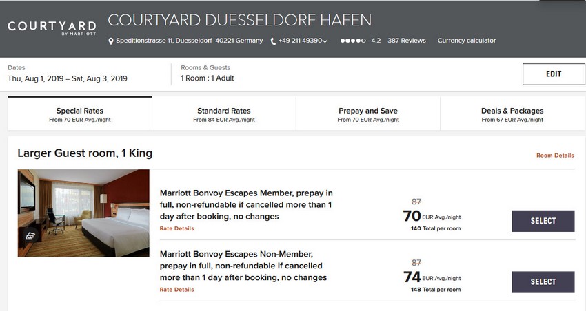 Vergleich Marriott Bonvoy Escapes Raten Courtyard Düsseldorf Hafen