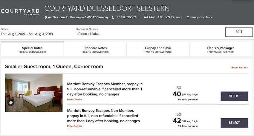 Vergleich Marriott Bonvoy Escapes Raten Courtyard Düsseldorf Seestern