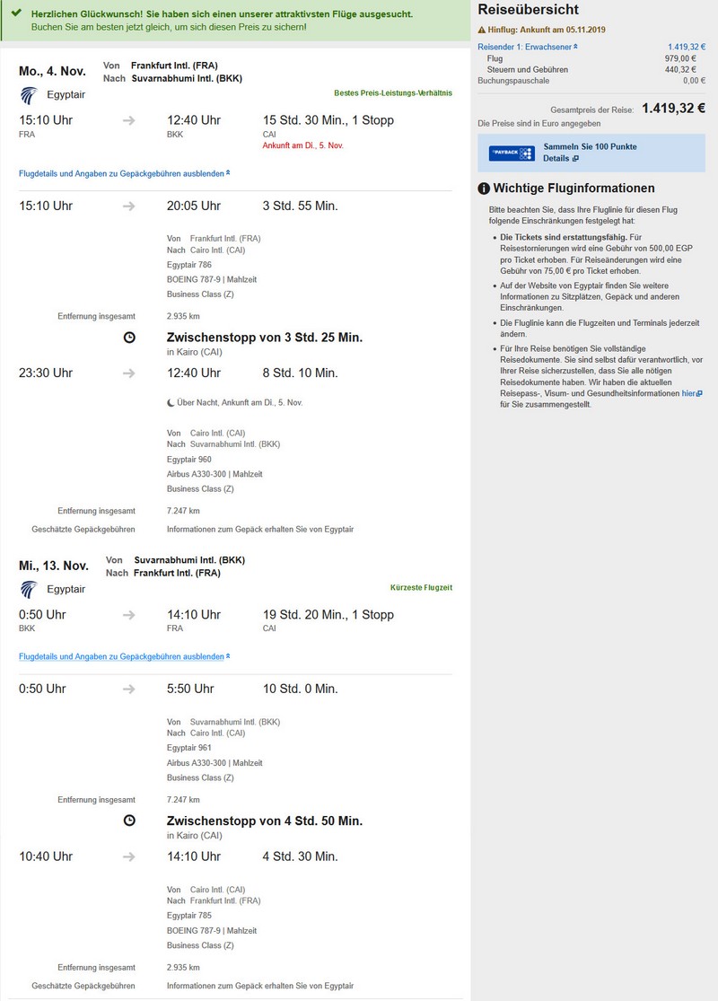 Preisbeispiel von Frankfurt nach Bangkok in der Egyptair Business-Class bei Expedia