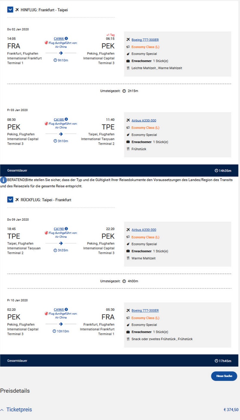 Preisbeispiel von Frankfurt nach Taipei in der Air China Economy-Class