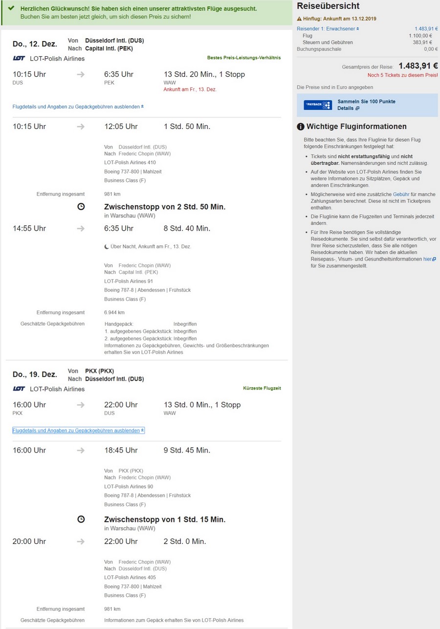 Preisbeispiel von Düsseldorf nach Peking in der LOT Business-Class bei Expedia