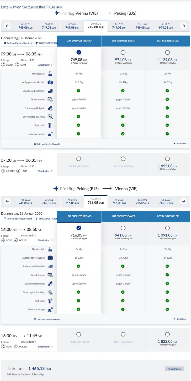 Preisbeispiel von Wien nach Peking in der LOT Business-Class