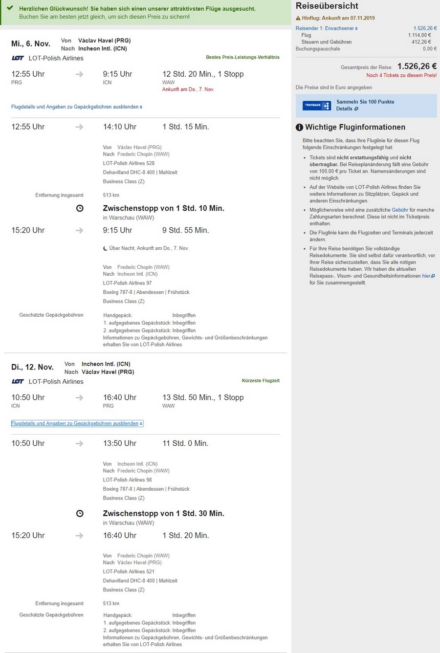 Preisbeispiel von Prag nach Seoul in der LOT Business-Class bei Expedia