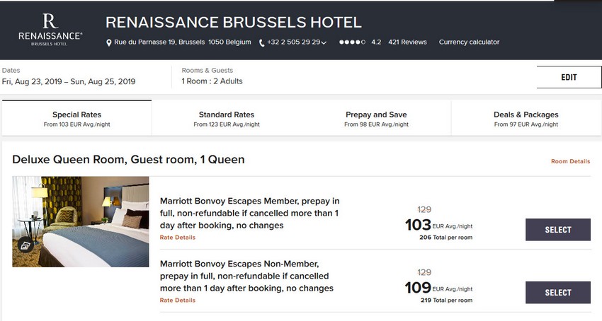 Vergleich Marriott Bonvoy Escapes Raten Renaissance Brussels Hotel