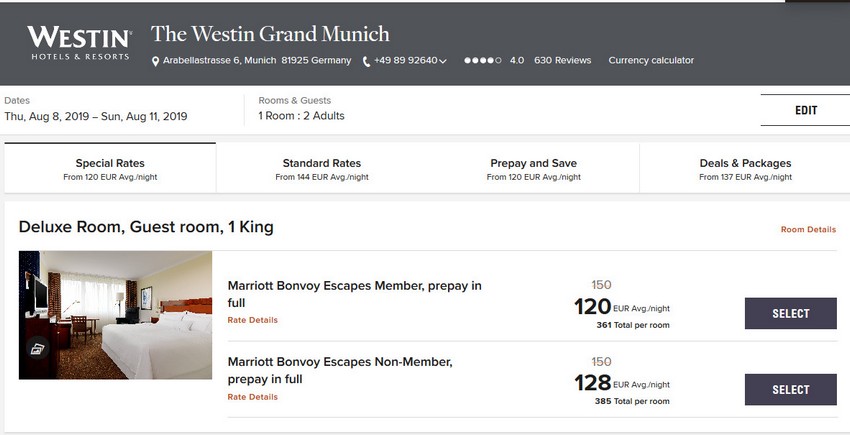 Vergleich Marriott Bonvoy Escapes Raten Westin München