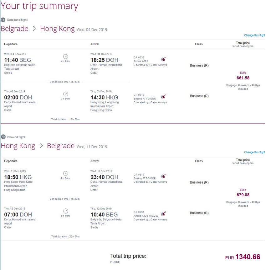 Preisbeispiel von Belgrad nach Hong Kong in der Qatar Airways Business-Class