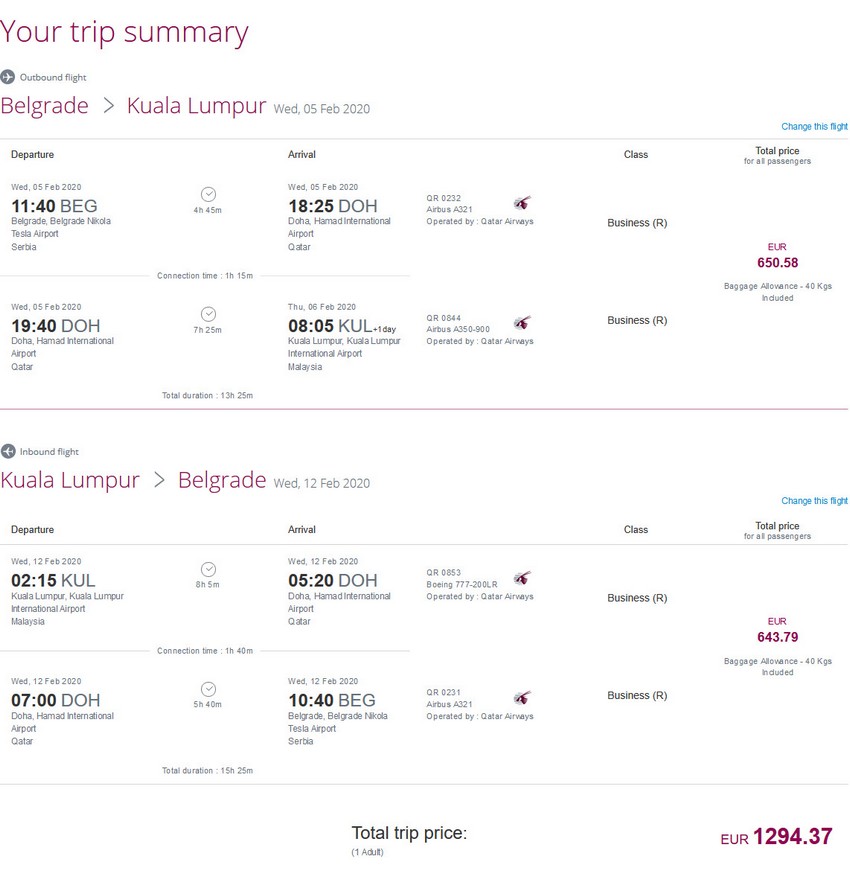 Preisbeispiel von Belgrad nach Kuala Lumpur in der Qatar Airways Business-Class