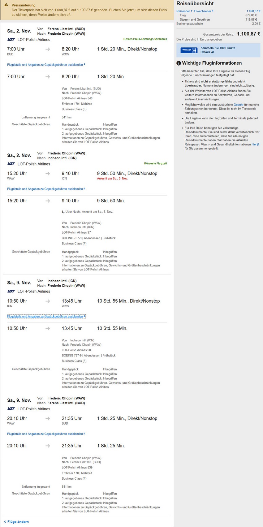 Preisbeispiel von Budapest nach Seoul in der LOT Business-Class auf Expedia