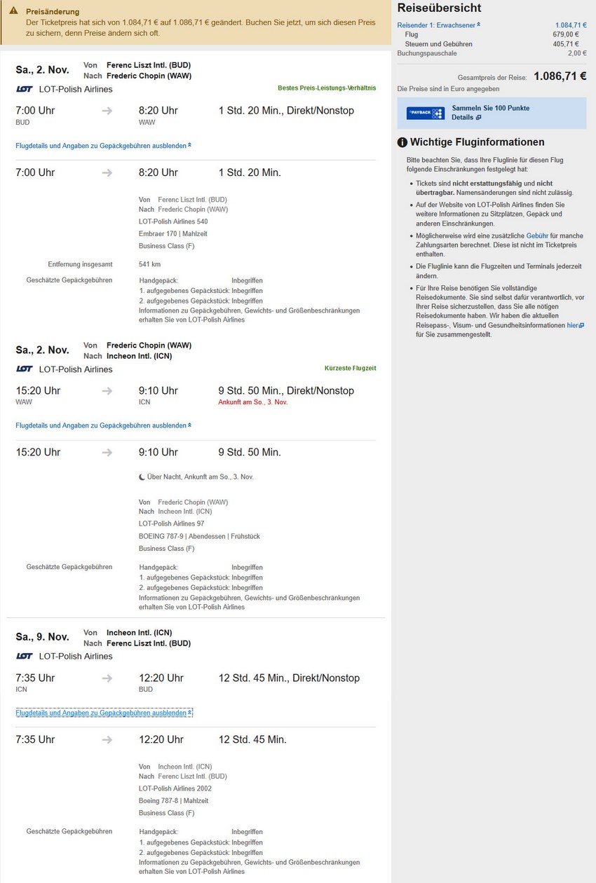 Preisbeispiel von Budapest nach Seoul in der LOT Business-Class auf Expedia