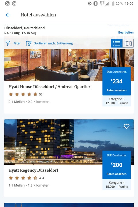 World of Hyatt App - Übersicht der Hotels