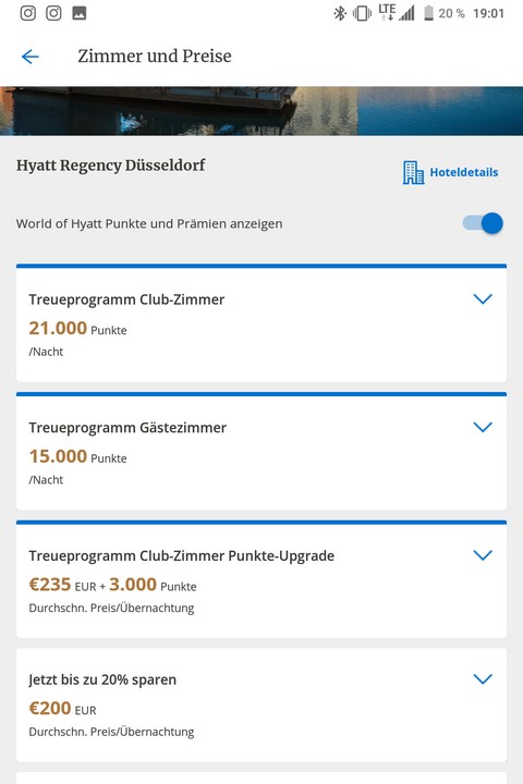 World of Hyatt App - Übersicht der verfügbaren Zimmer mit Punkten und regulär gebucht