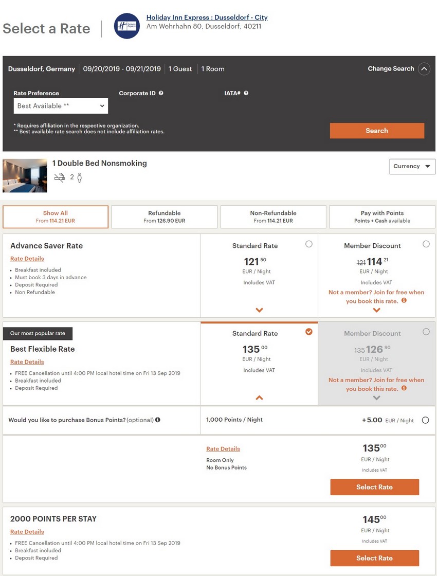 Preisbeispiel Zimmerraten mit Bonuspunkten bei IHG