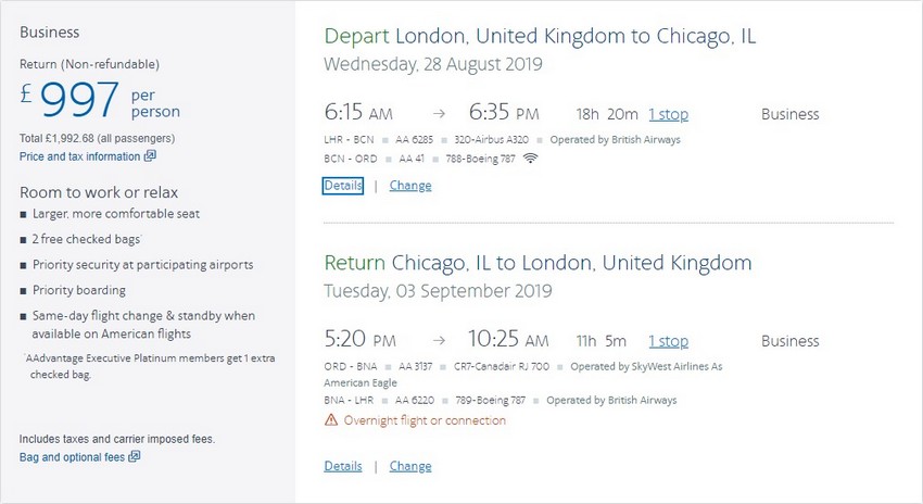 Preisbeispiel von London nach Chicago in der American Airlines Business-Class