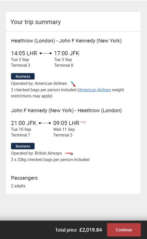 Preisbeispiel von London nach New York in der British Airways Business-Class