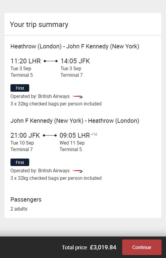 Preisbeispiel von London nach New York in der British Airways First-Class