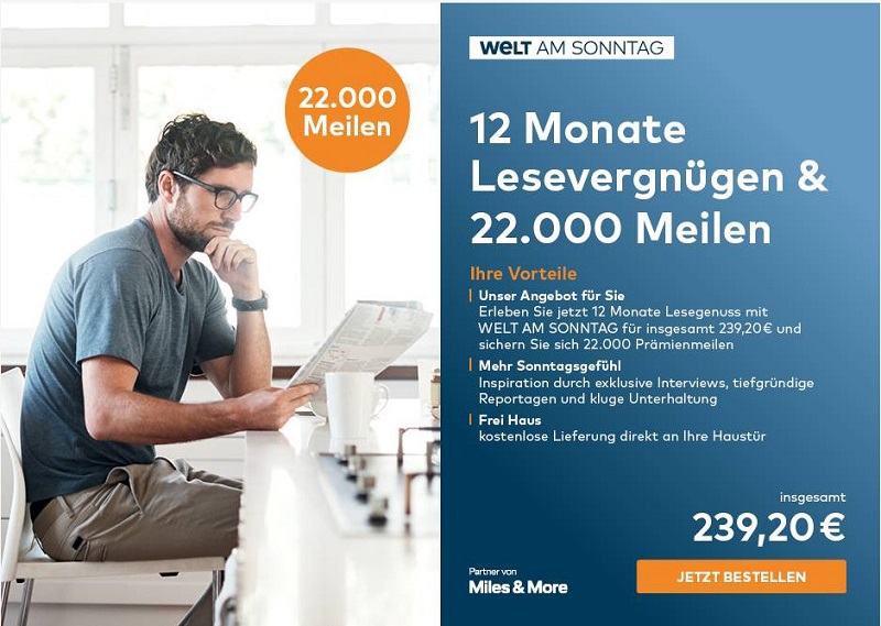 22.000 Meilen mit der Welt am Sonntag bis 31.08.2019