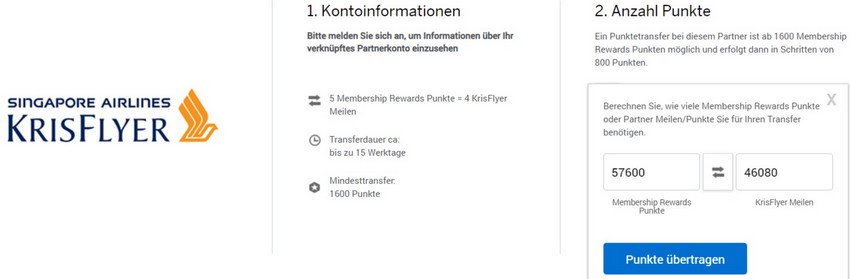 Punktetransfer American Express Membership Rewards zu Singapore Airlines KrisFlyer