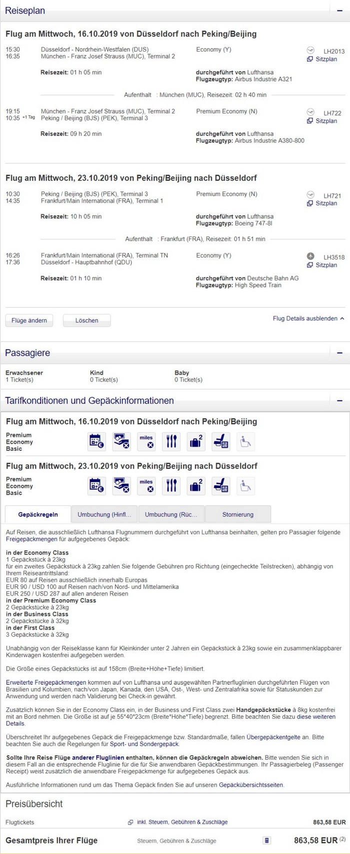 Preisbeispiel von Düsseldorf nach Peking in der Lufthansa Premium-Economy-Class