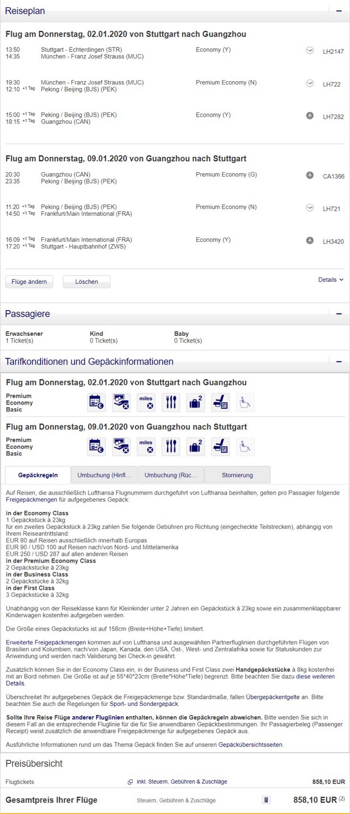 Preisbeispiel von Stuttgart nach Gunagzhou in der Lufthansa Premium-Economy-Class