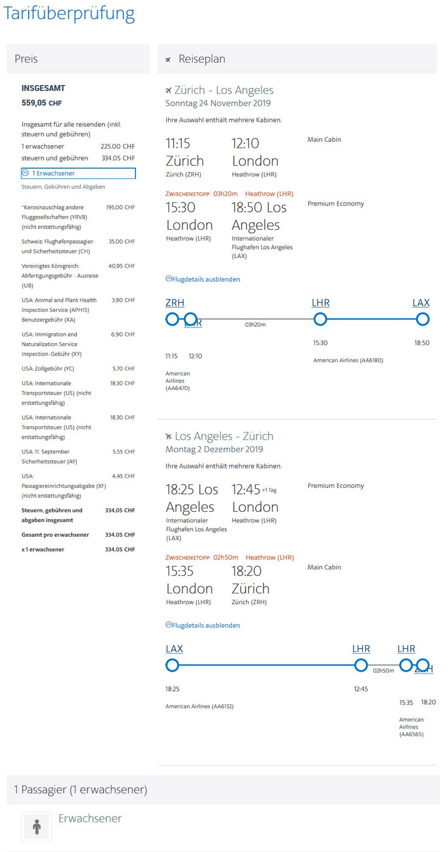 Preisbeispiel von Zürich nach Los Angeles in der American Airlines Premium-Economy-Class