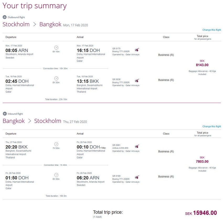 Preisbeispiel von Stockholm nach Bangkok in der Qatar Airways Business-Class