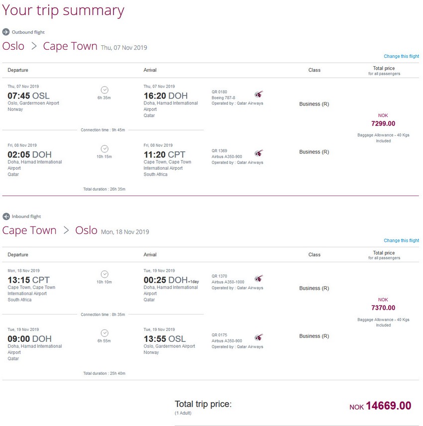 Preisbeispiel von Oslo nach Kapstadt in der Qatar Airways Business-Class