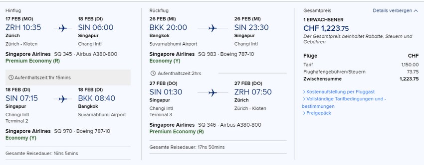 Preisbeispiel von Zürich nach Bangkok in der Singapore Airlines Premium-Economy-Class