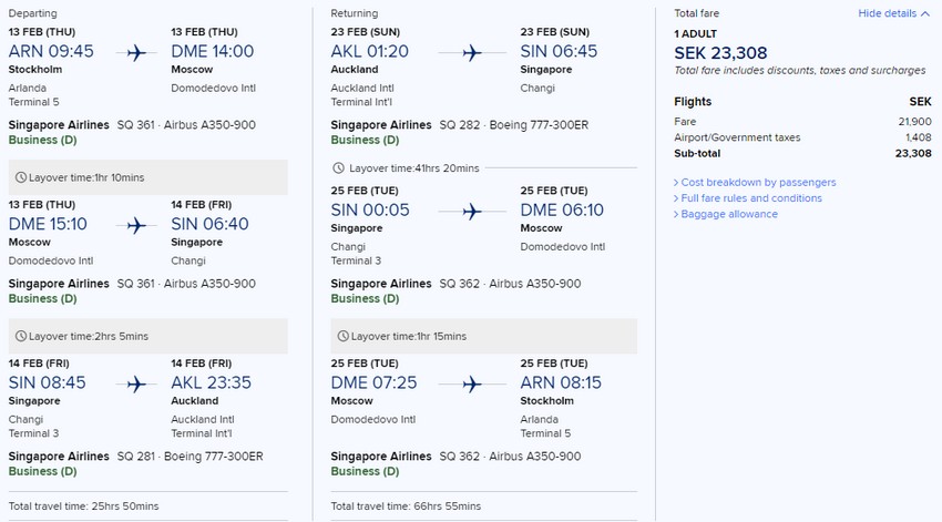 Preisbeispiel von Stockholm nach Auckland in der Singapore Airlines Business-Class