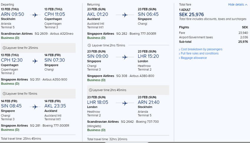 Preisbeispiel von Stockholm nach Auckland in der Singapore Airlines Business-Class