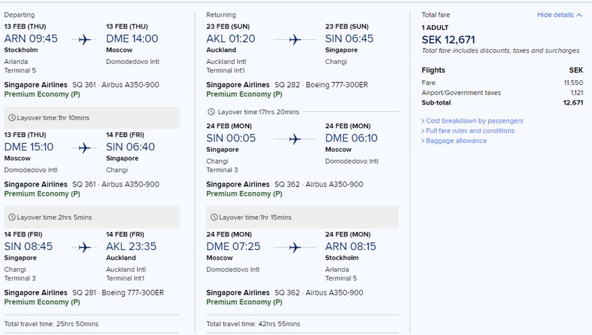 Preisbeispiel von Stockholm nach Auckland in der Singapore Airlines Premium-Economy-Class