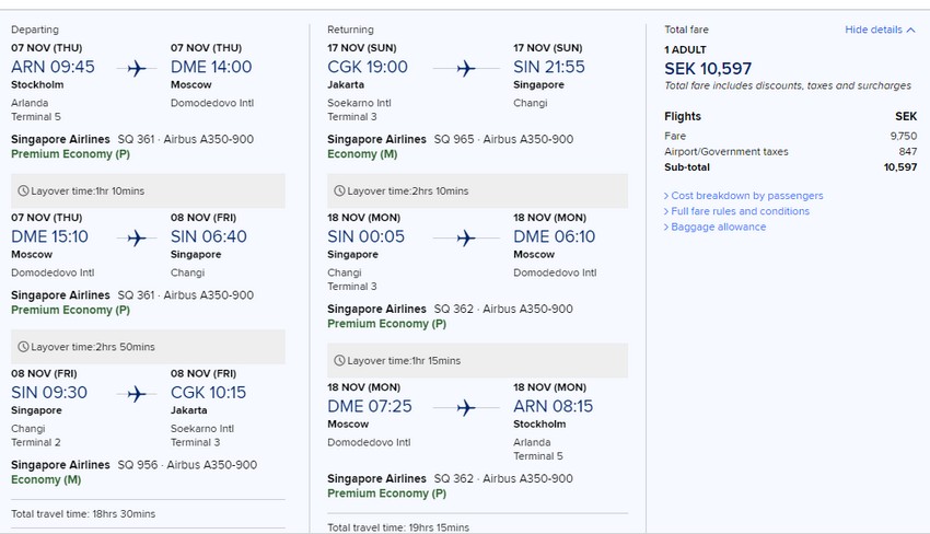 Preisbeispiel von Stockholm nach Jakarta in der Singapore Airlines Premium-Economy-Class