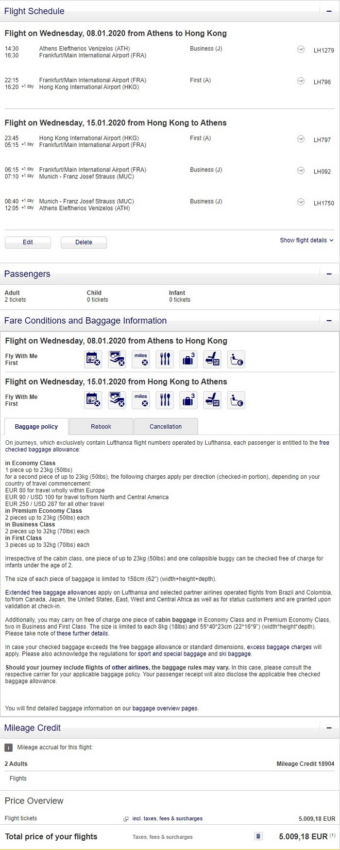 Preisbeispiel von Athen nach Hong Kong in der Lufthansa First-Class