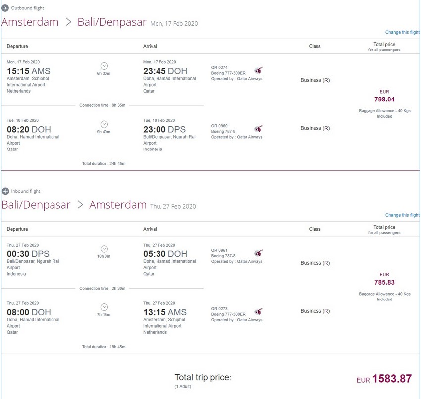 Preisbeispiel von Amsterdam nach Denpasar / Bali in der Qatar Airways Business-Class