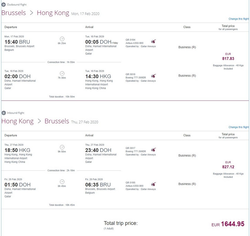 Preisbeispiel von Brüssel nach Hong Kong in der Qatar Airways Business-Class