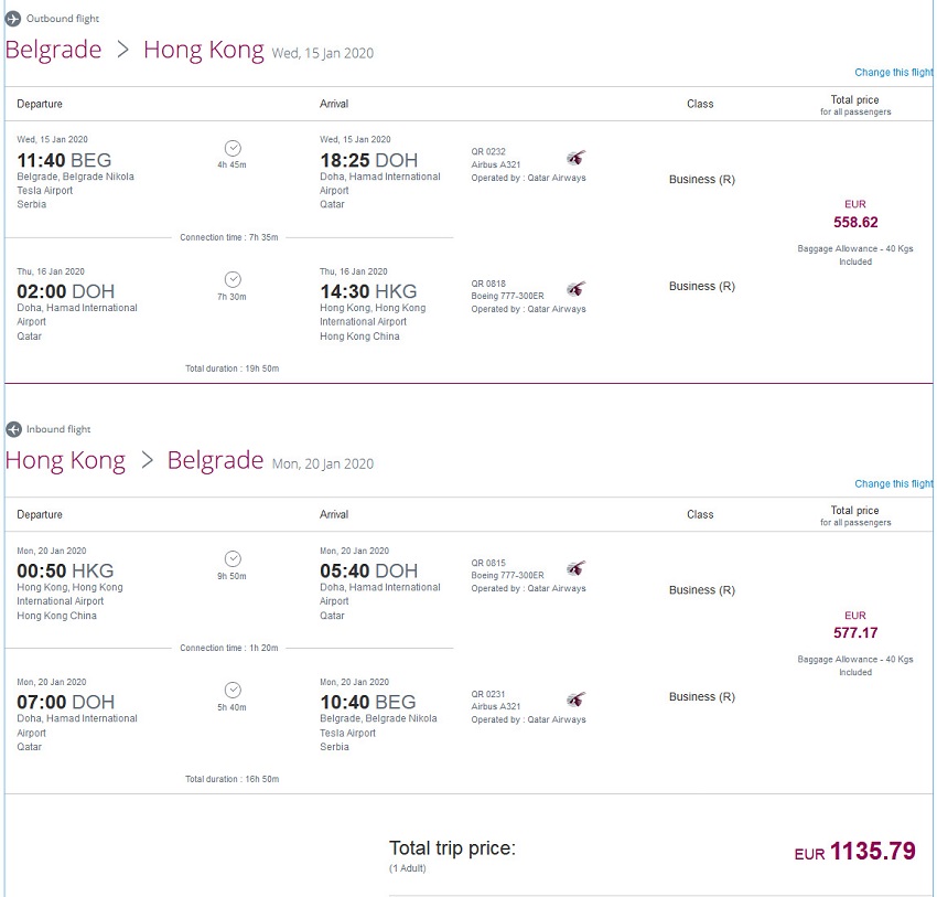 Preisbeispiel von Belgrad nach Hong Kong in der Qatar Airways Business-Class