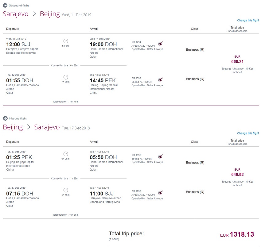 Preisbeispiel von Zagreb nach Peking in der Qatar Airways Business-Class