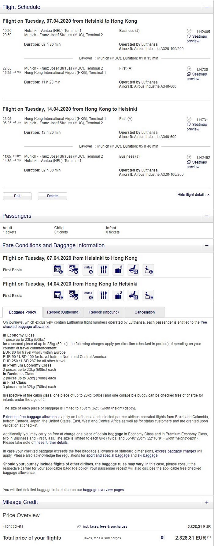 Preisbeispiel von Helsinki nach Hong Kong in der Lufthansa First-Class