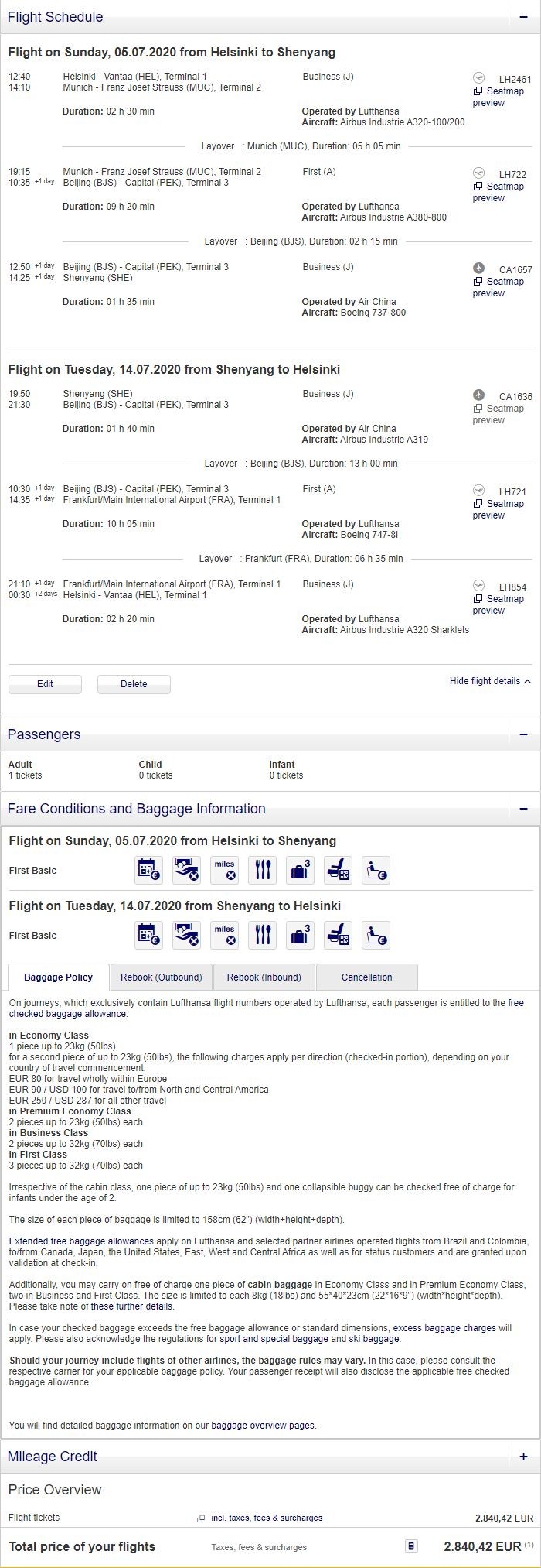 Preisbeispiel von Helsinki nach Shenyang in der Lufthansa First-Class