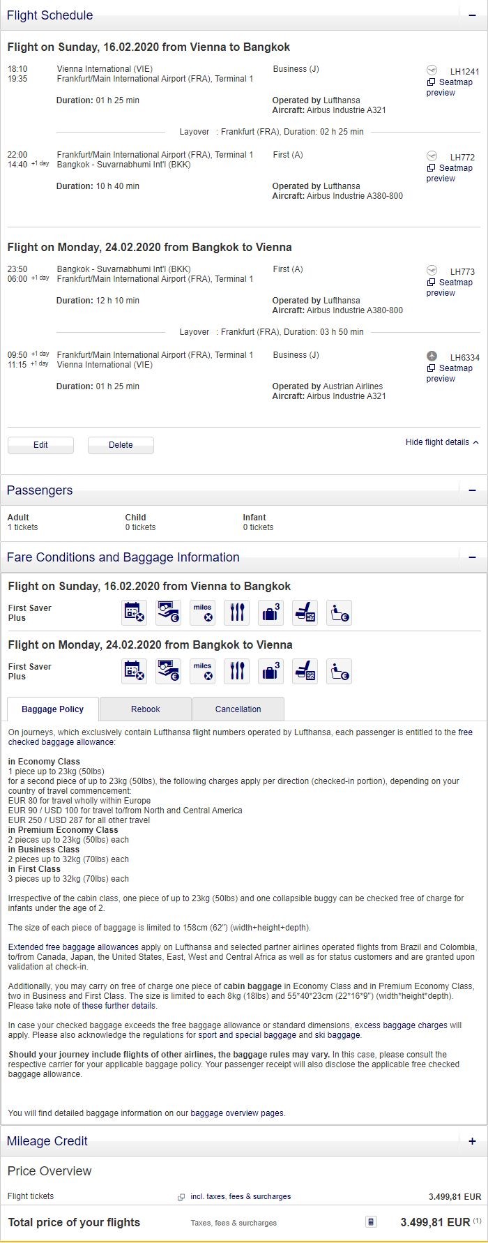 Preisbeispiel von Wien nach Bangkok in der Lufthansa First-Class